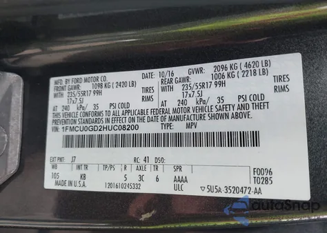 2017 Ford Escape Se из США, поврежденный, VIN 1FMCU0GD2HUC08200